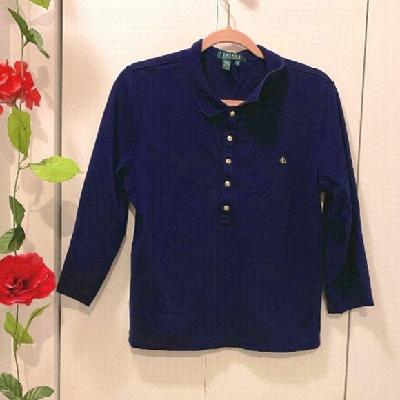 🌷lauren by Ralph Lauren🌷 Navy Blue Long Sleeve Polo Shirt   - Picture 1 of 6